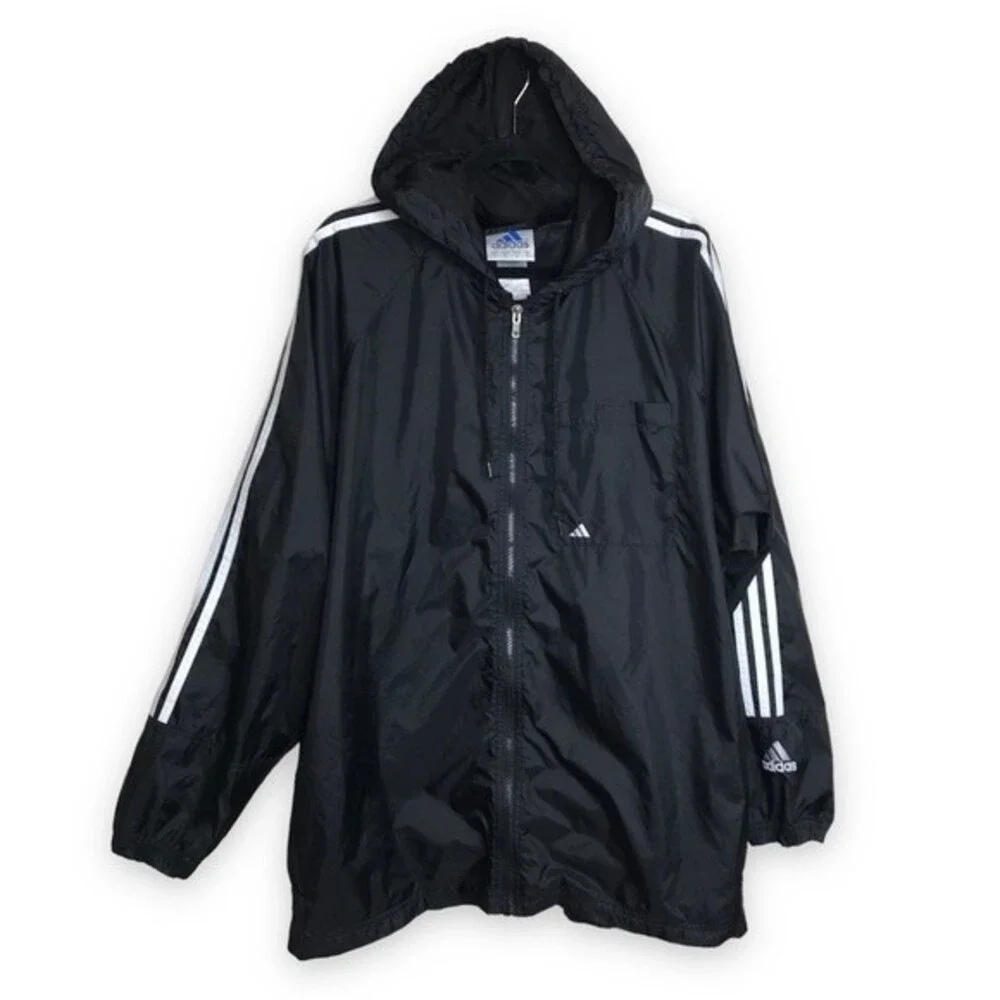 Vintage Adidas Windbreaker Black White Stripes Bar Logo Spell Out Back Men Large